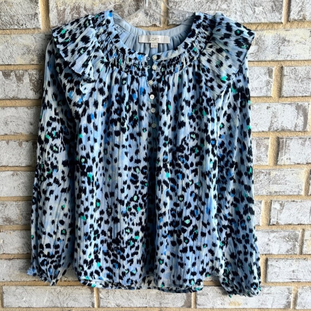 LOFT Blue Black Leopard Print Smocked Neck Blouse